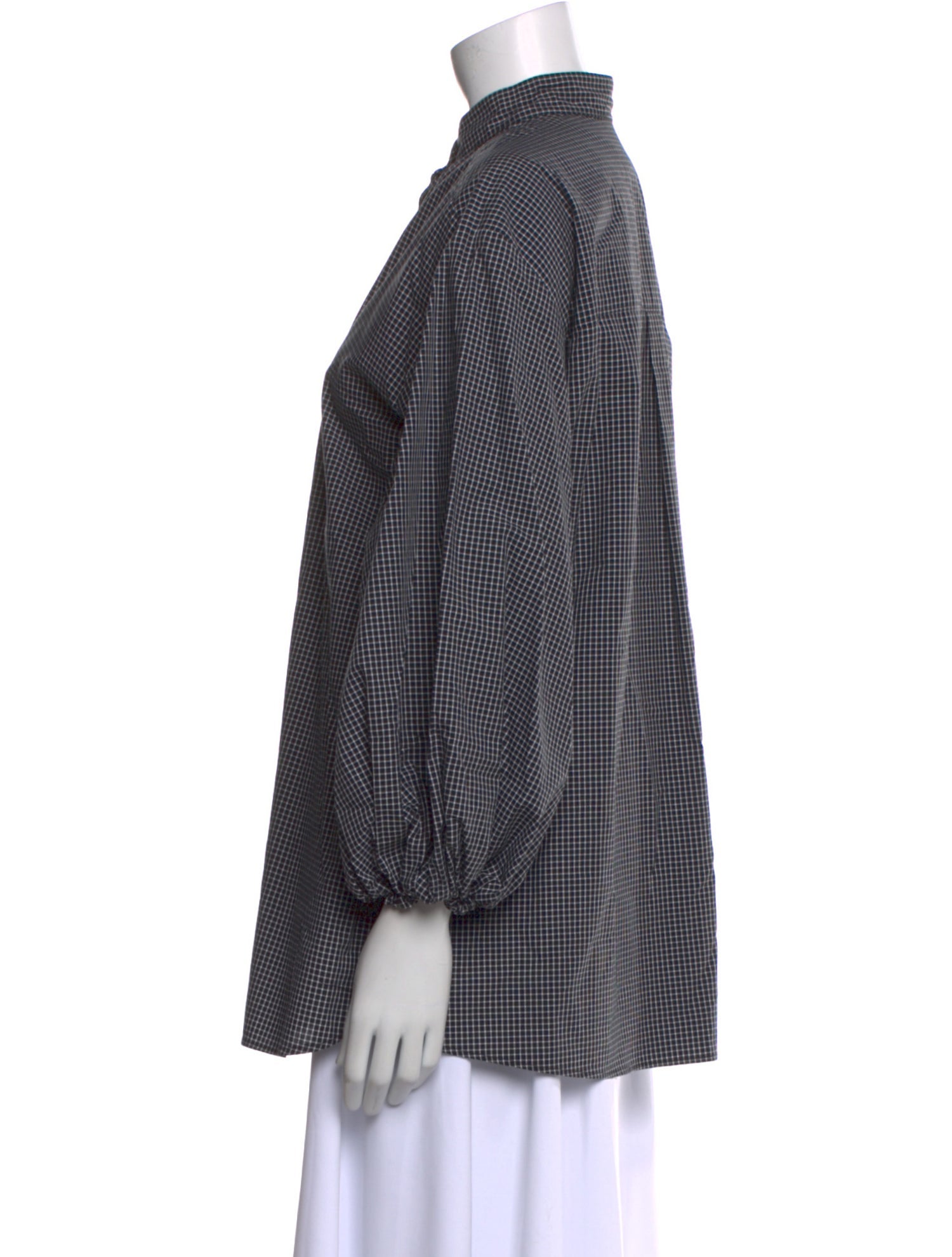 Asiatica Plaid Print Mock Neck Button-Up Top