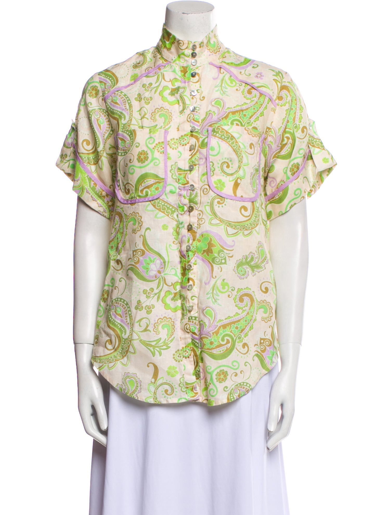 ALÉMAIS Linen Paisley Print Button-Up Top