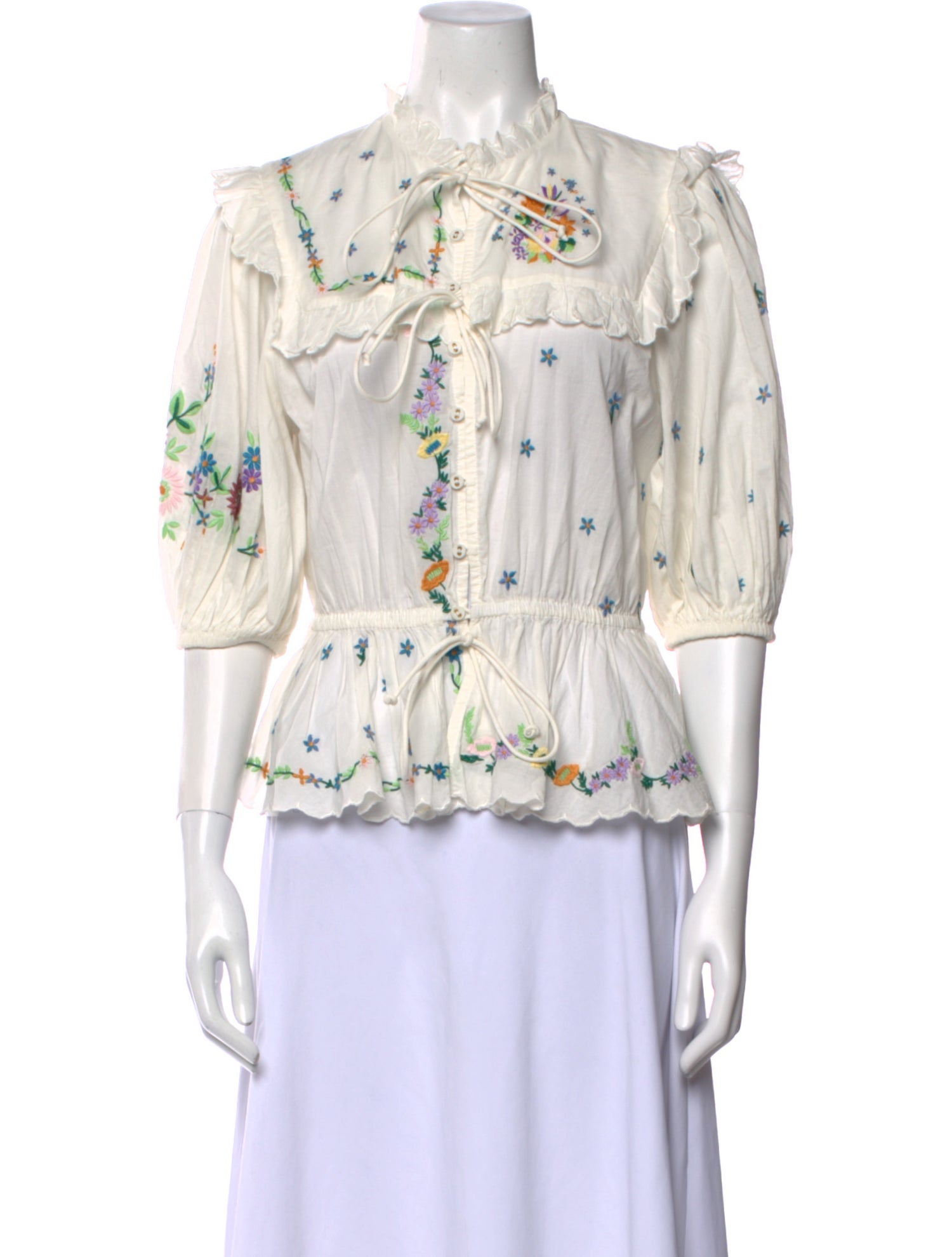 ALÉMAIS Floral Print Tie Neck Button-Up Top