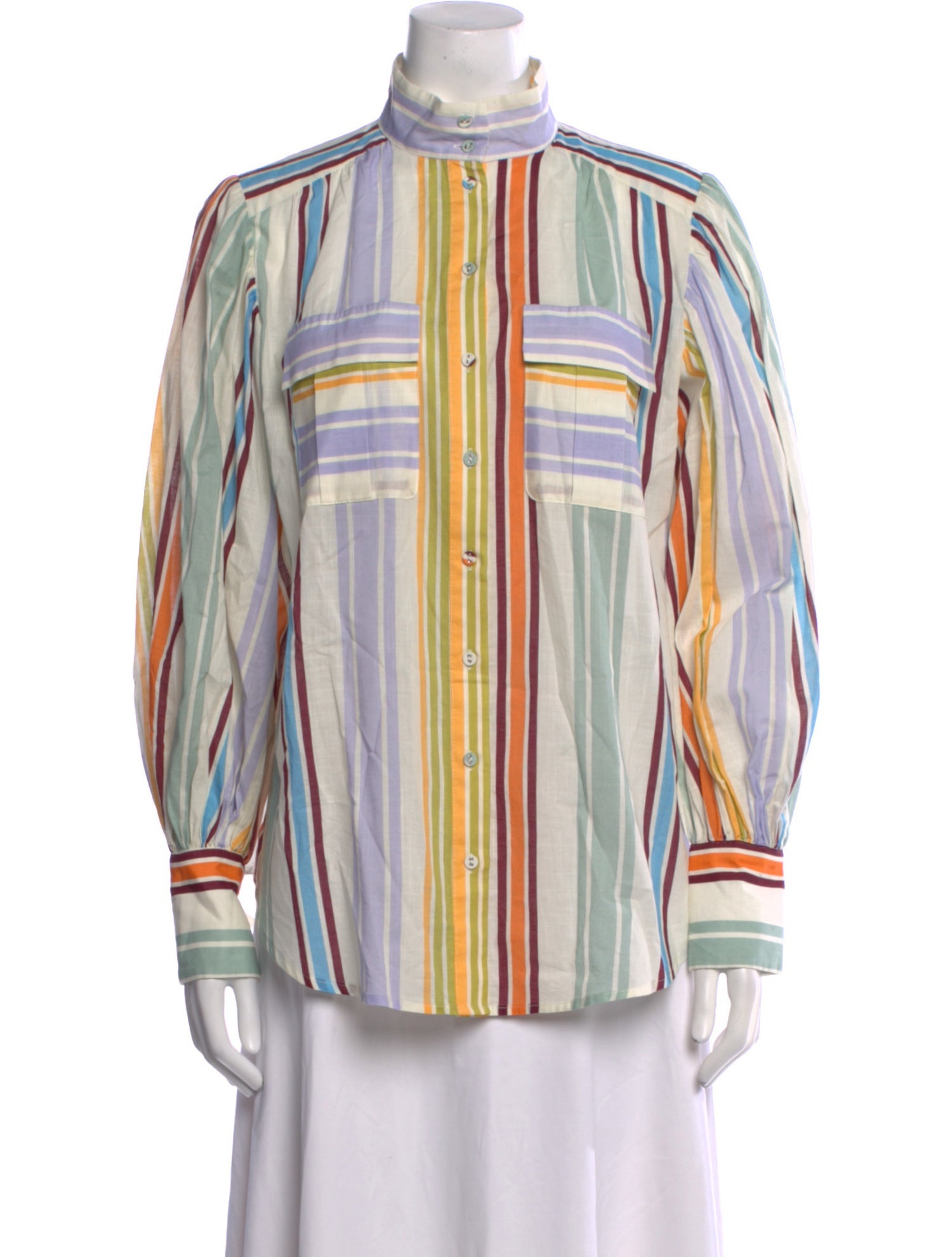 ALÉMAIS Striped Mock Neck Button-Up Top