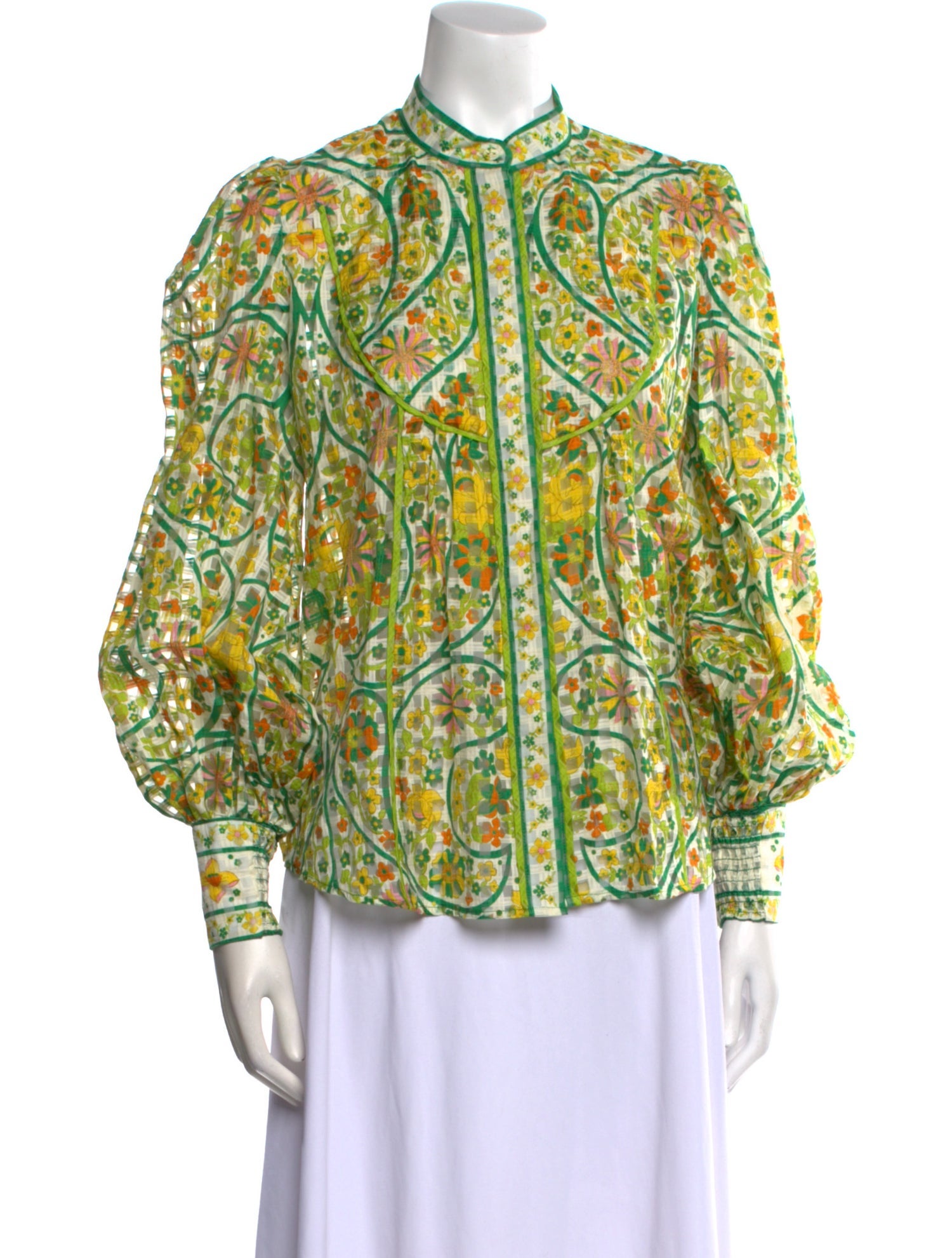 ALÉMAIS Floral Print Mock Neck Button-Up Top