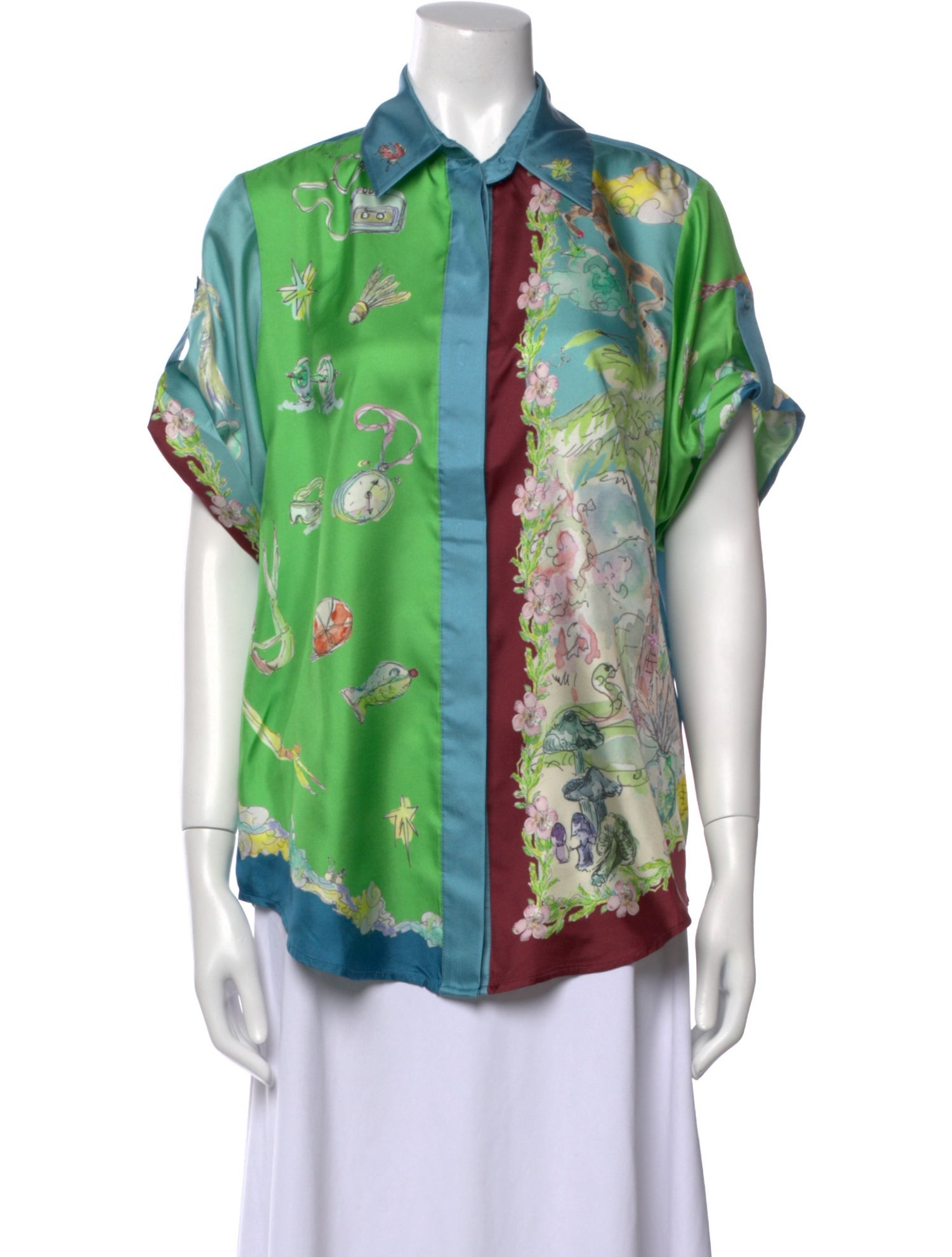 ALÉMAIS Silk Floral Print Button-Up Top