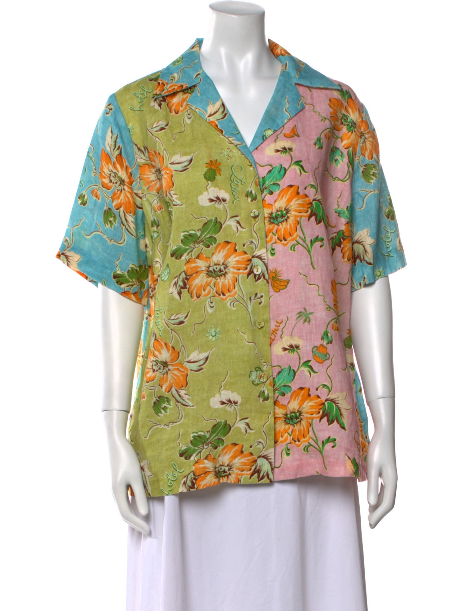 ALÉMAIS Linen Floral Print Button-Up Top