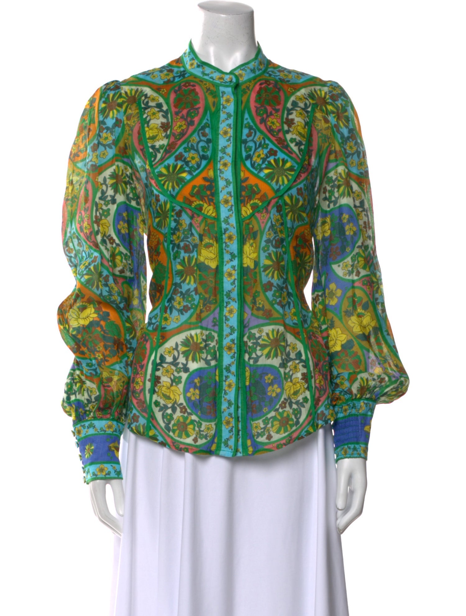 ALÉMAIS Paisley Print Mock Neck Button-Up Top