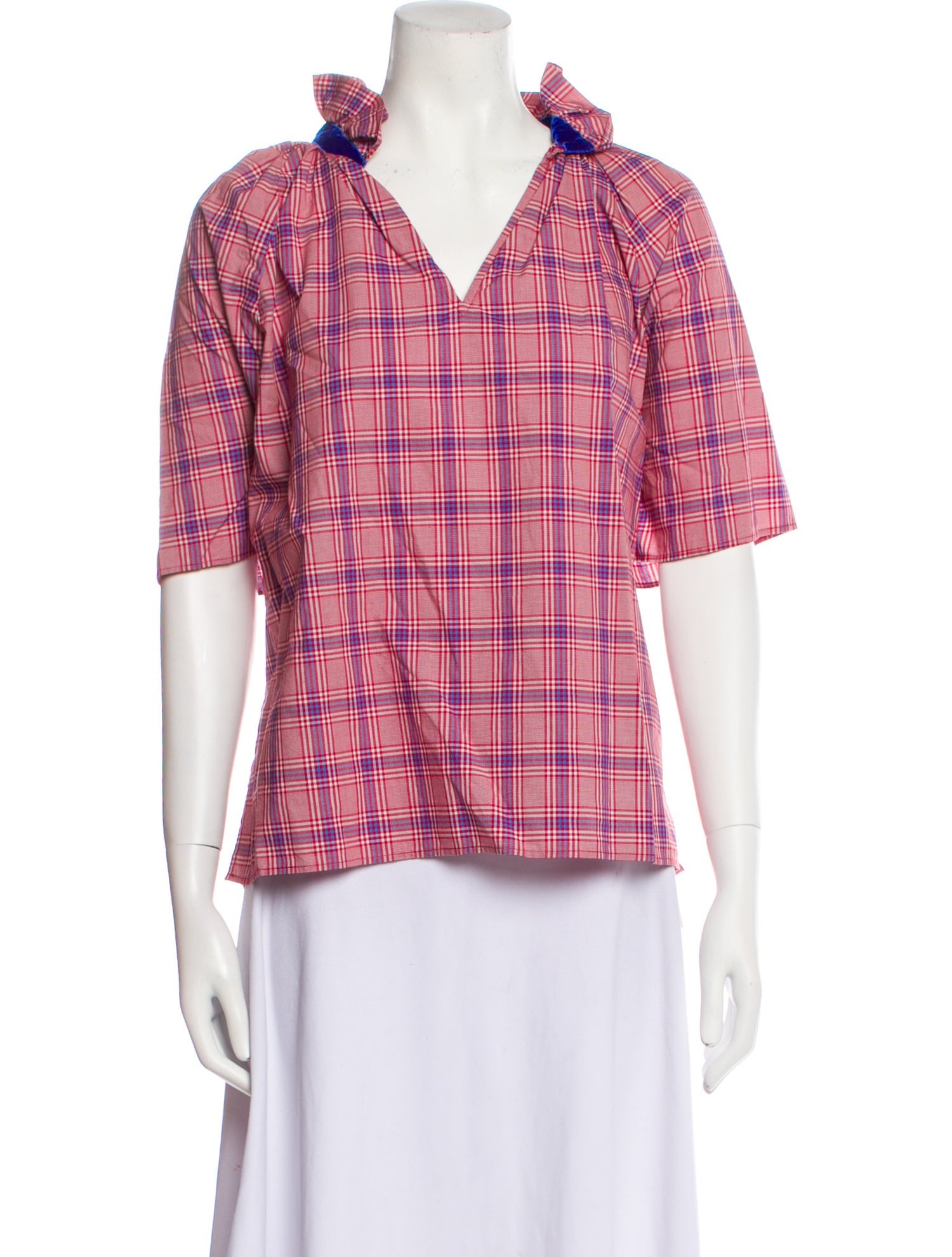 A Shirt Thing Plaid Print V-Neck Blouse