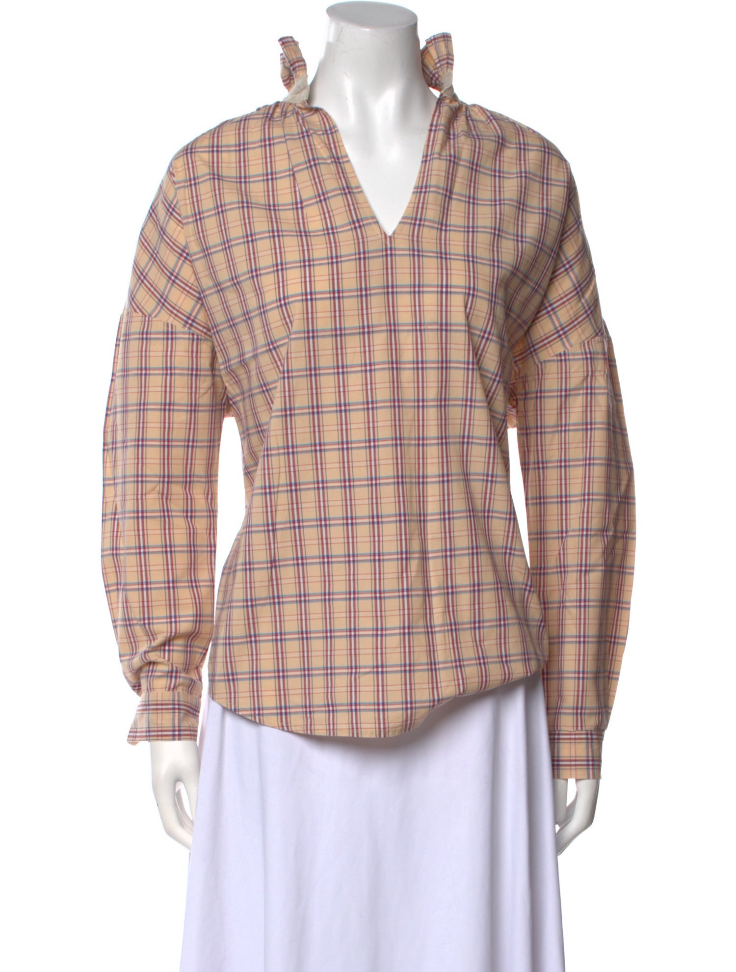 A Shirt Thing Plaid Print Cowl Neck Button-Up Top