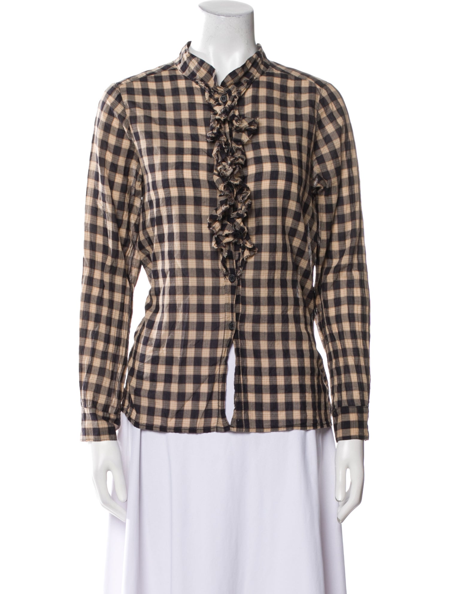 A Shirt Thing Plaid Print Mock Neck Button-Up Top