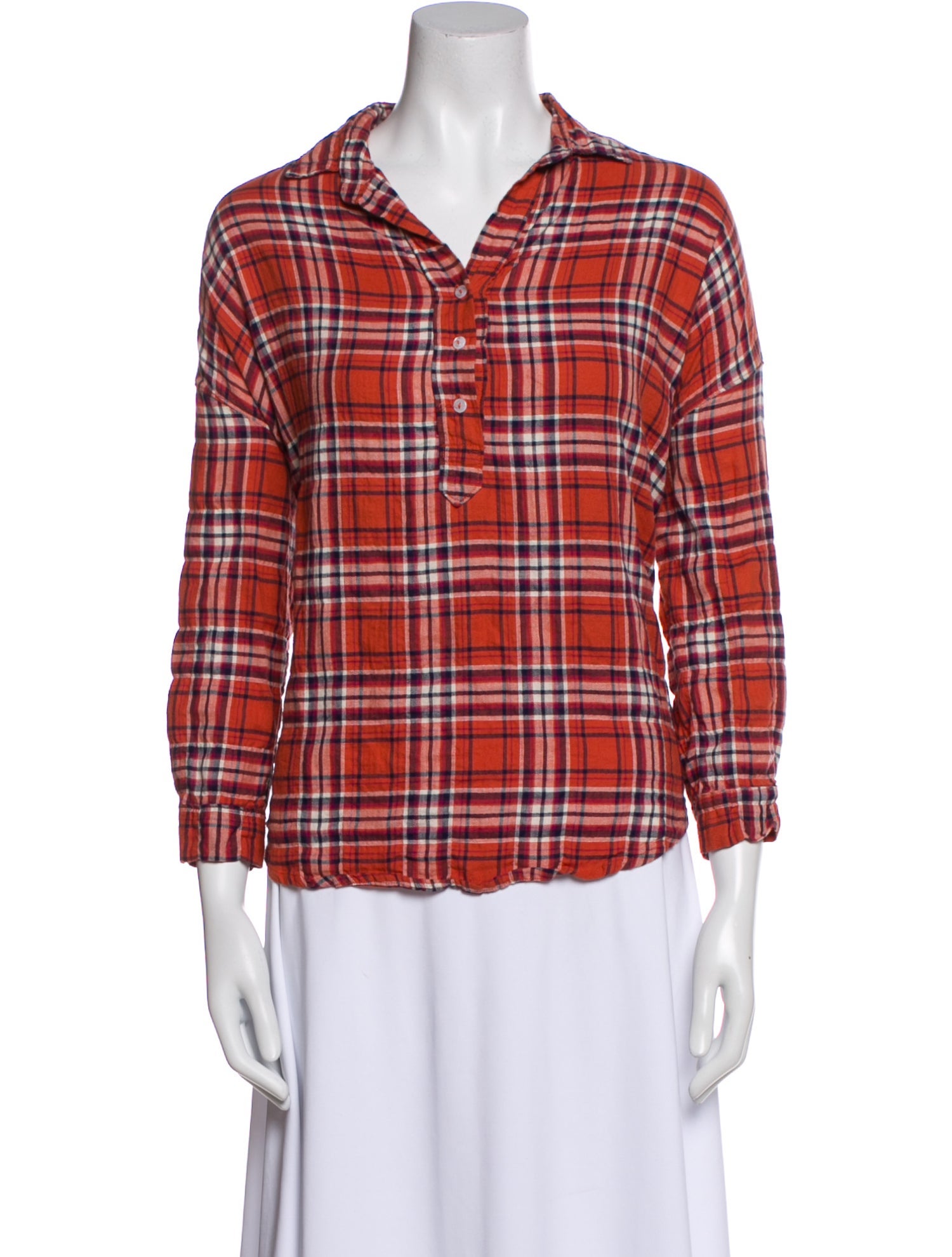 A Shirt Thing Plaid Print Three-Quarter Sleeve Button-Up Top