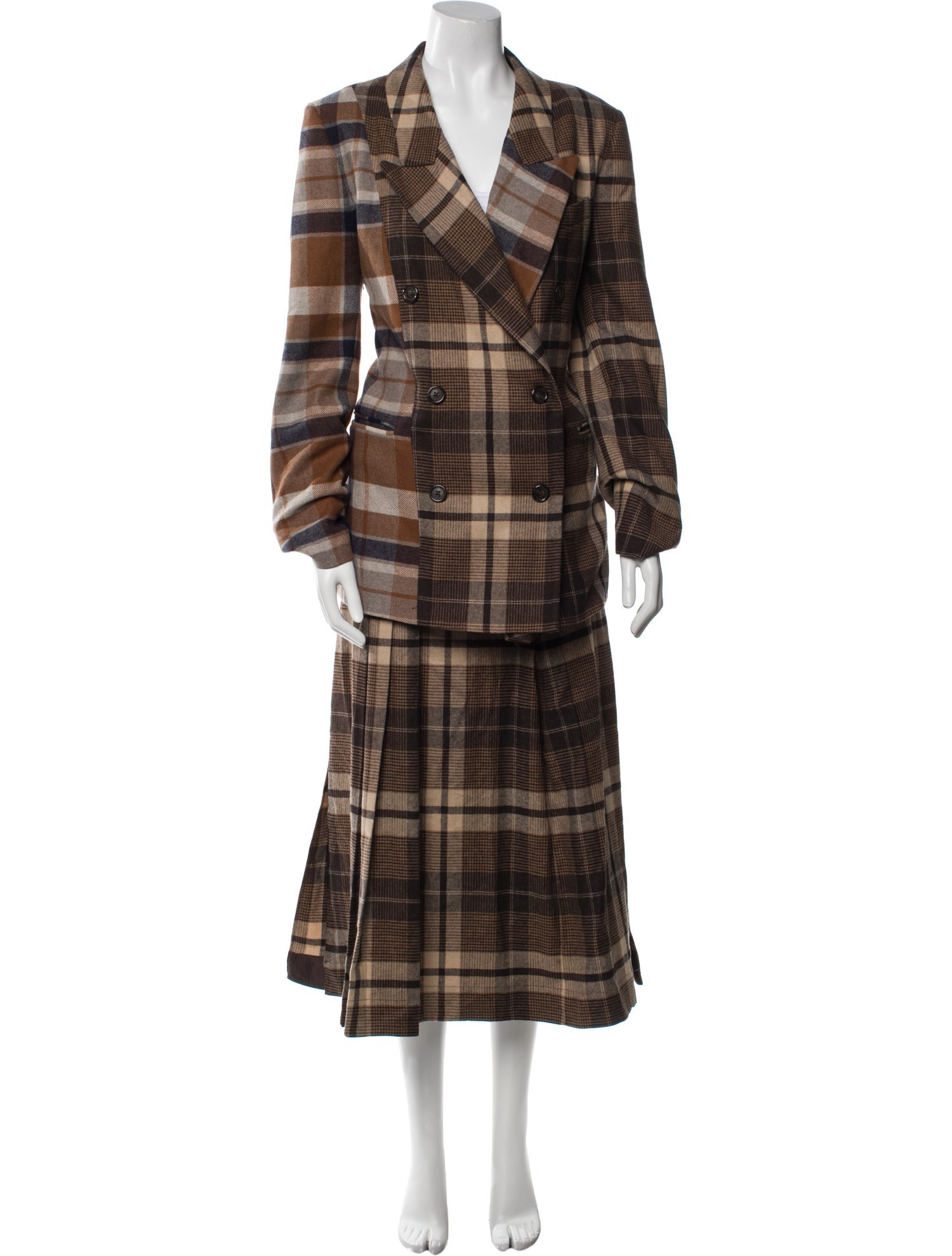 Argent Plaid Print Pleated Accents Skirt Suit
