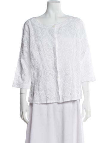 Pre-owned Bogner Linen Floral Print Top In White