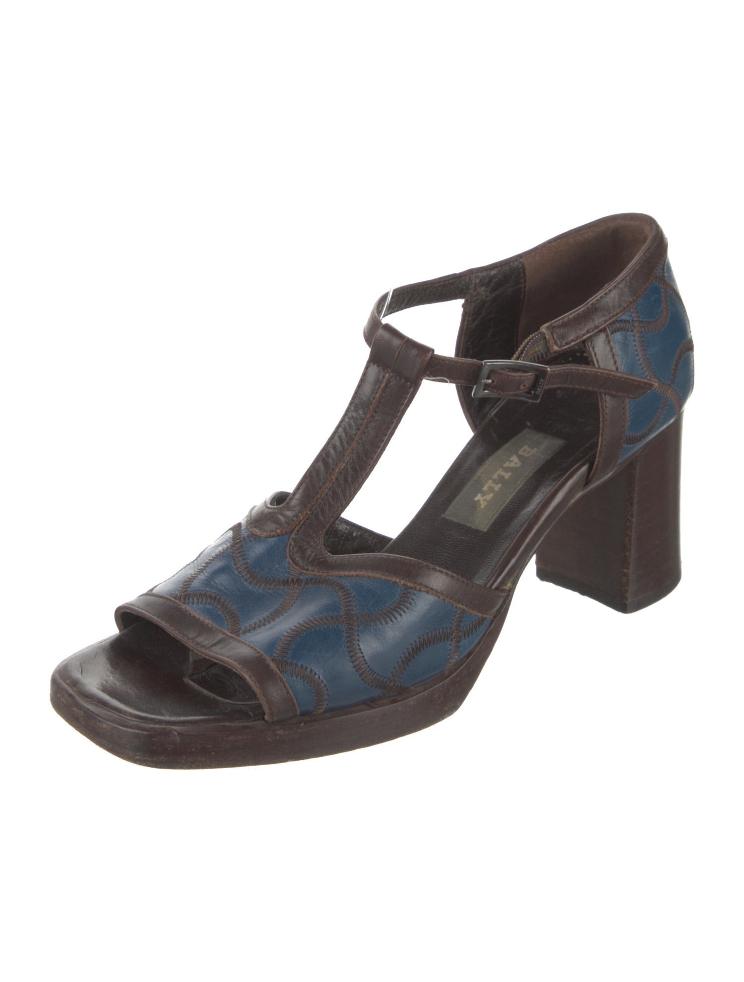 Bally Leather Colorblock Pattern T-Strap Sandals