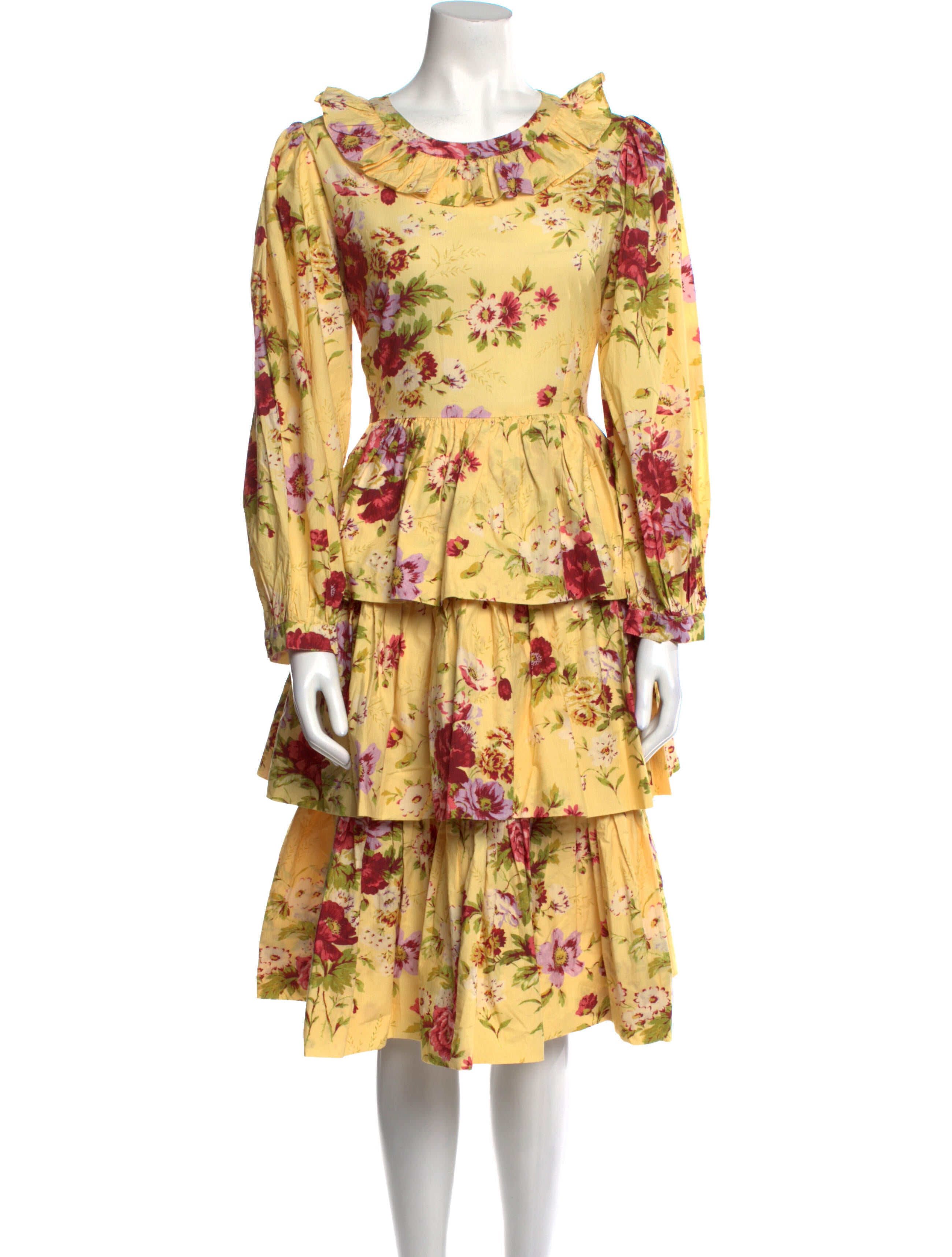 Batsheva x Laura Ashley Floral Print Midi Length Dress Yellow Dresses
