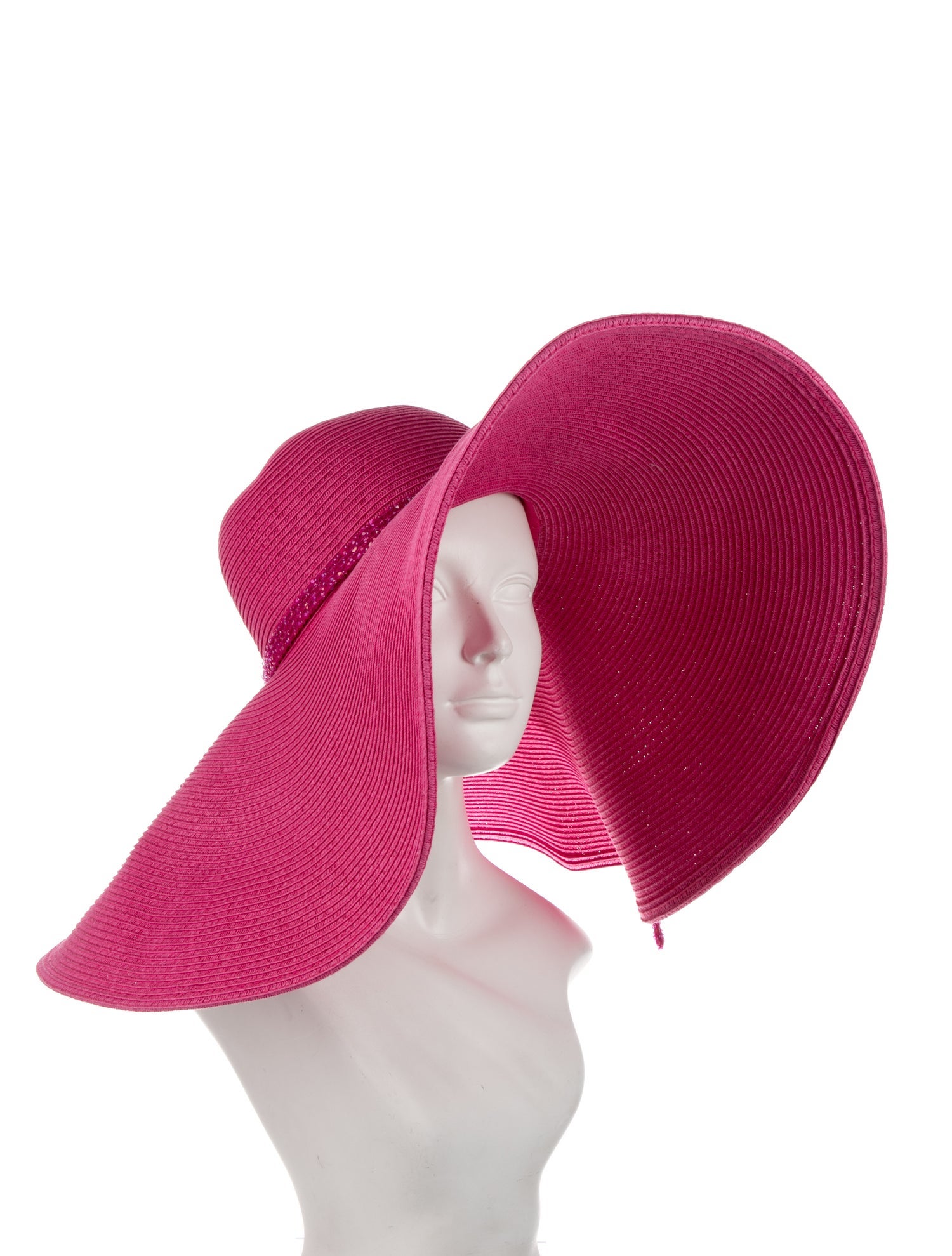 Barbie X Carolyn Rowan Pink Oversize Brim Raffia Hat with Beaded Silk Band w/Tags