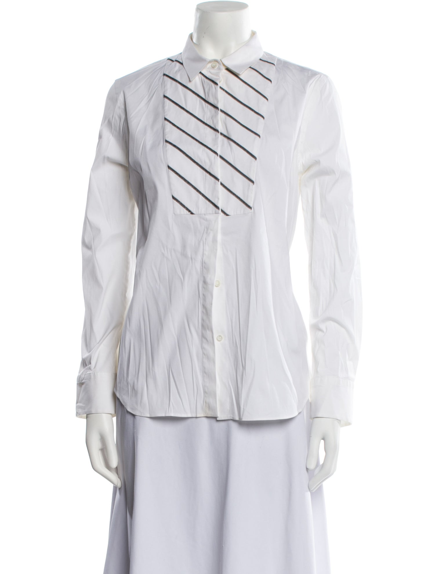 Brunello Cucinelli Striped Long Sleeve Button-Up Top