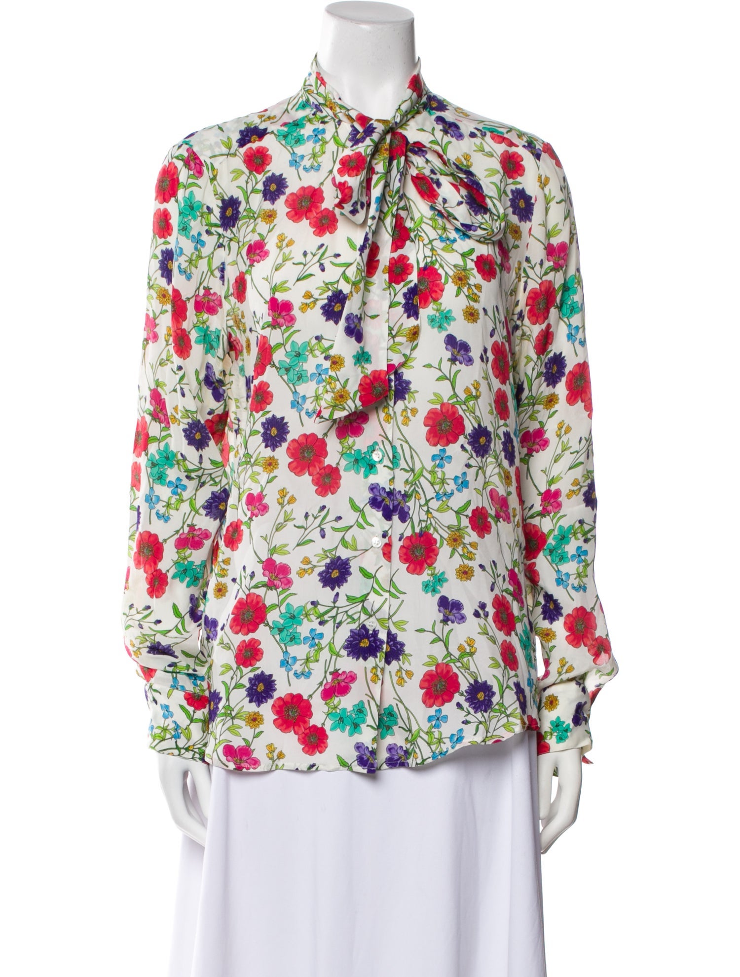 Barney's New York Floral Print Tie Neck Button-Up Top