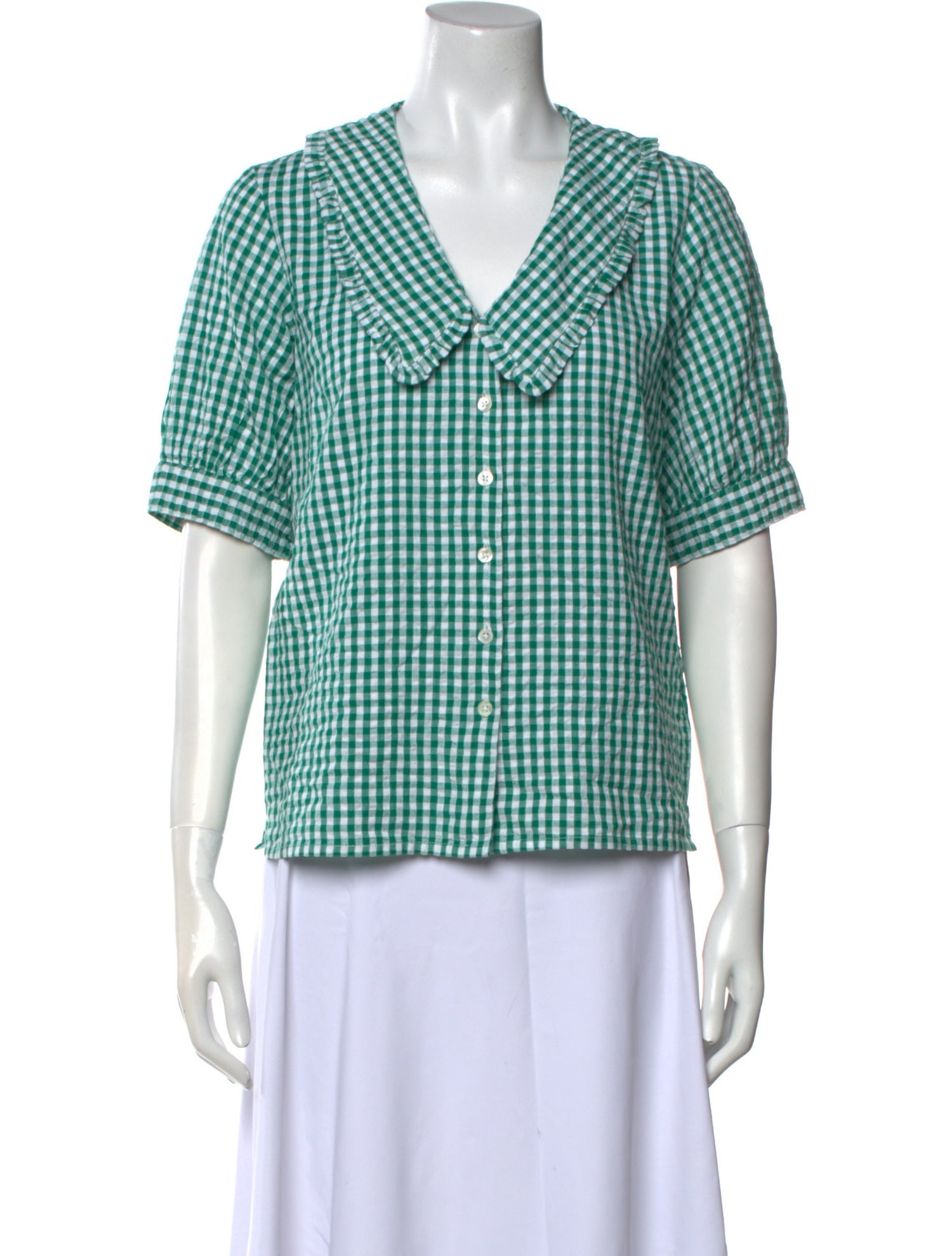 Brora Plaid Print Short Sleeve Button-Up Top