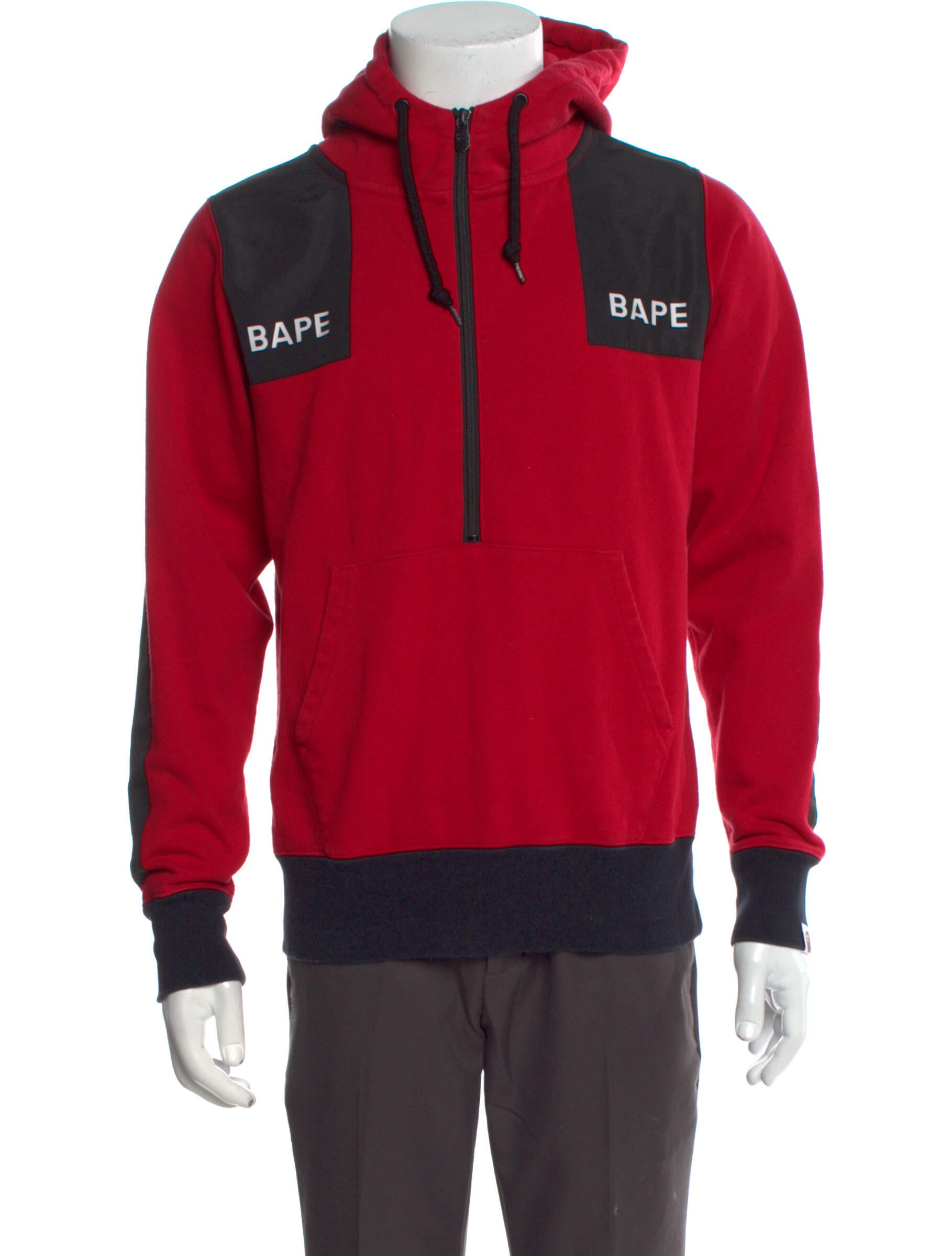 A Bathing Ape Colorblock Pattern Turtleneck Hoodie Red Sweatshirts