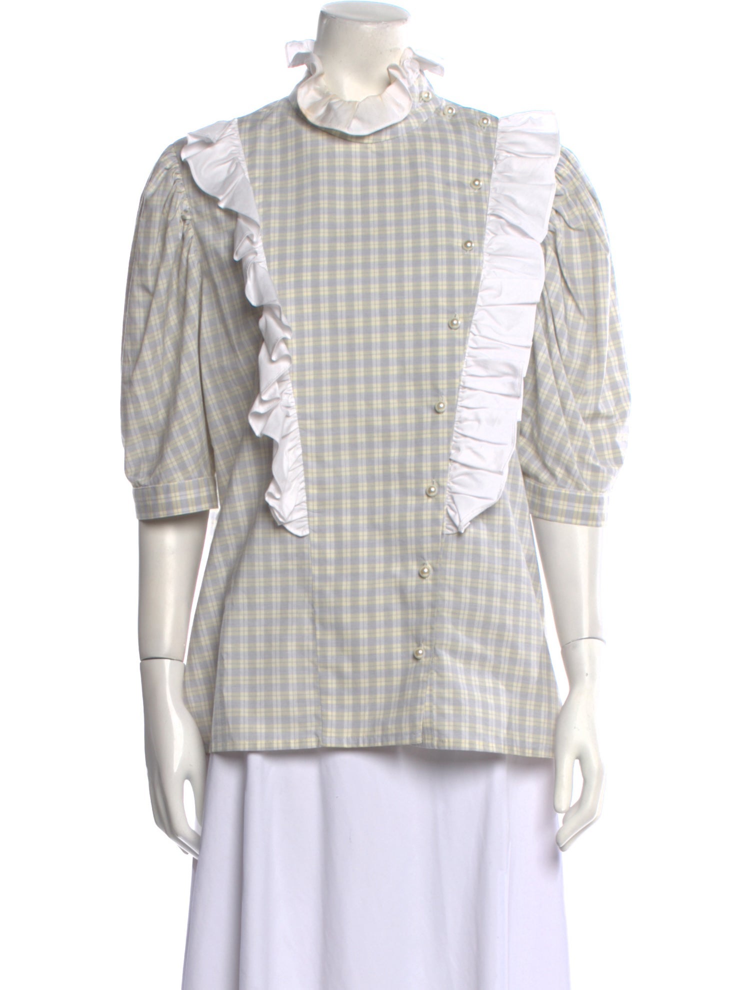 Batsheva Plaid Print Mock Neck Button-Up Top