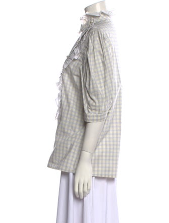 Batsheva Plaid Print Mock Neck Button-Up Top