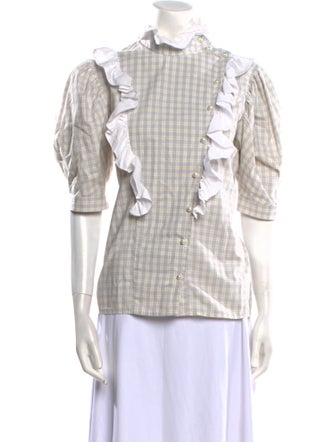 Batsheva Plaid Print Three-Quarter Sleeve Button-Up Top