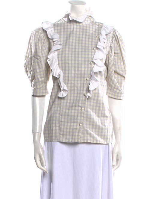 Batsheva Plaid Print Three-Quarter Sleeve Button-Up Top