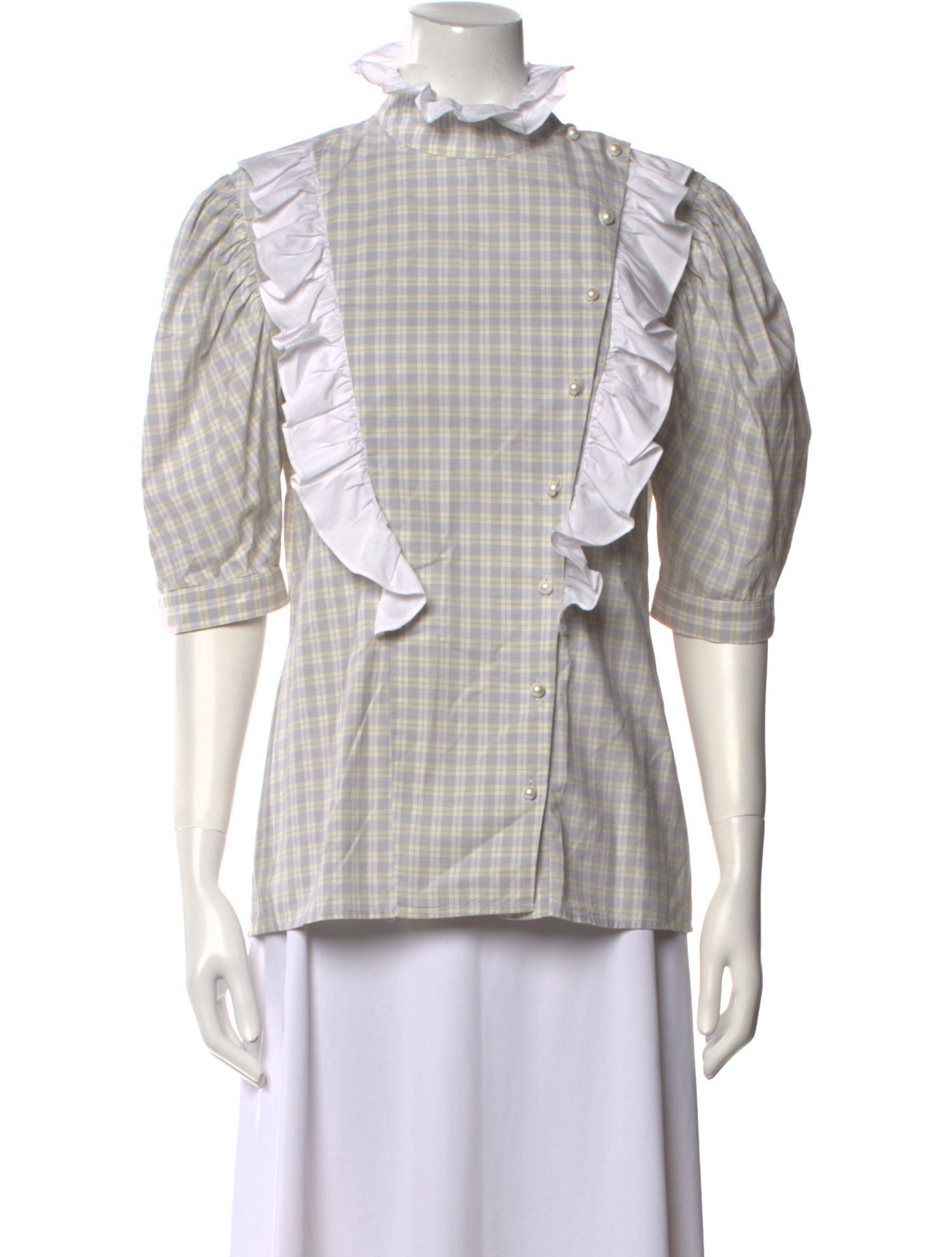 Batsheva Plaid Print Three-Quarter Sleeve Button-Up Top