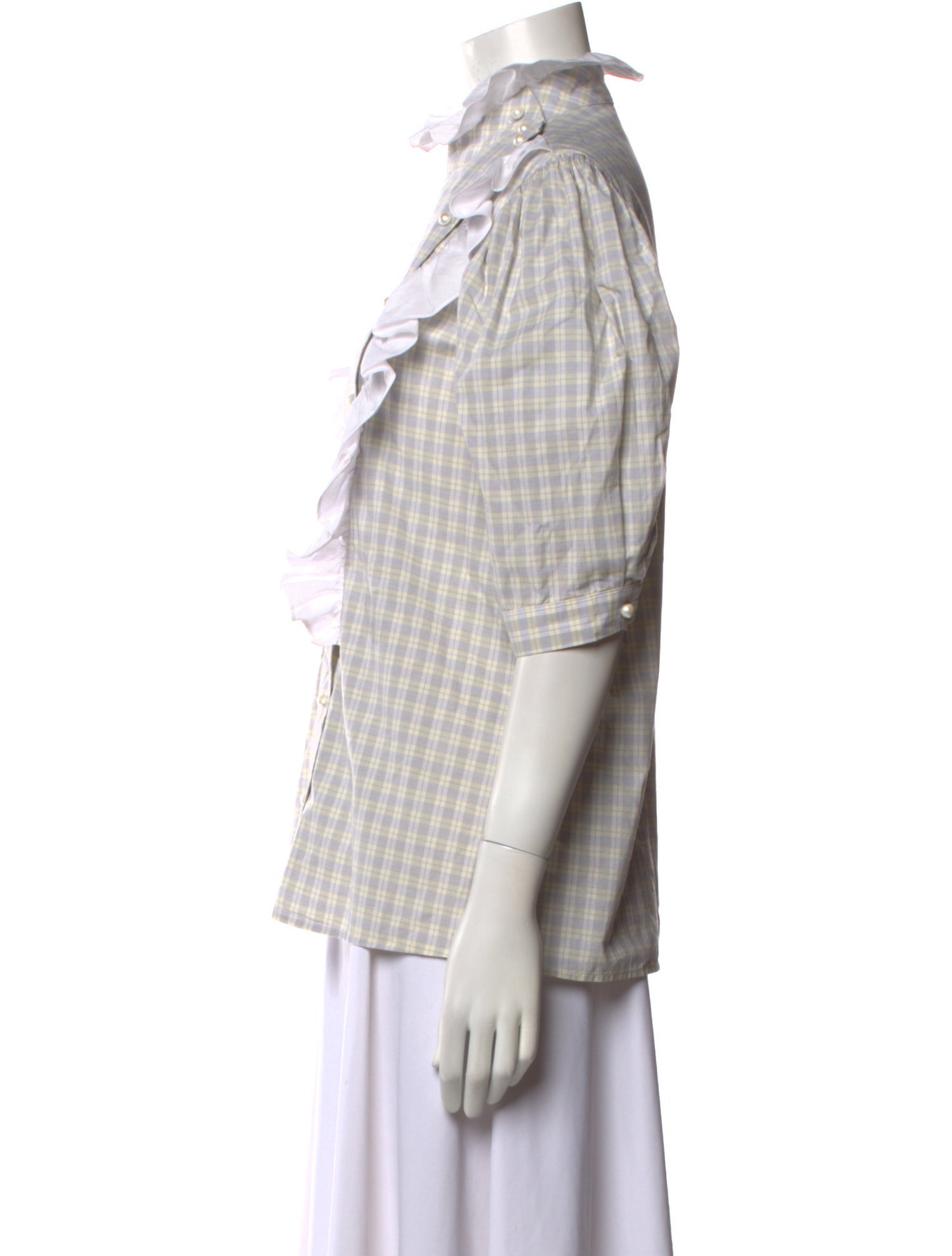 Batsheva Plaid Print Three-Quarter Sleeve Button-Up Top