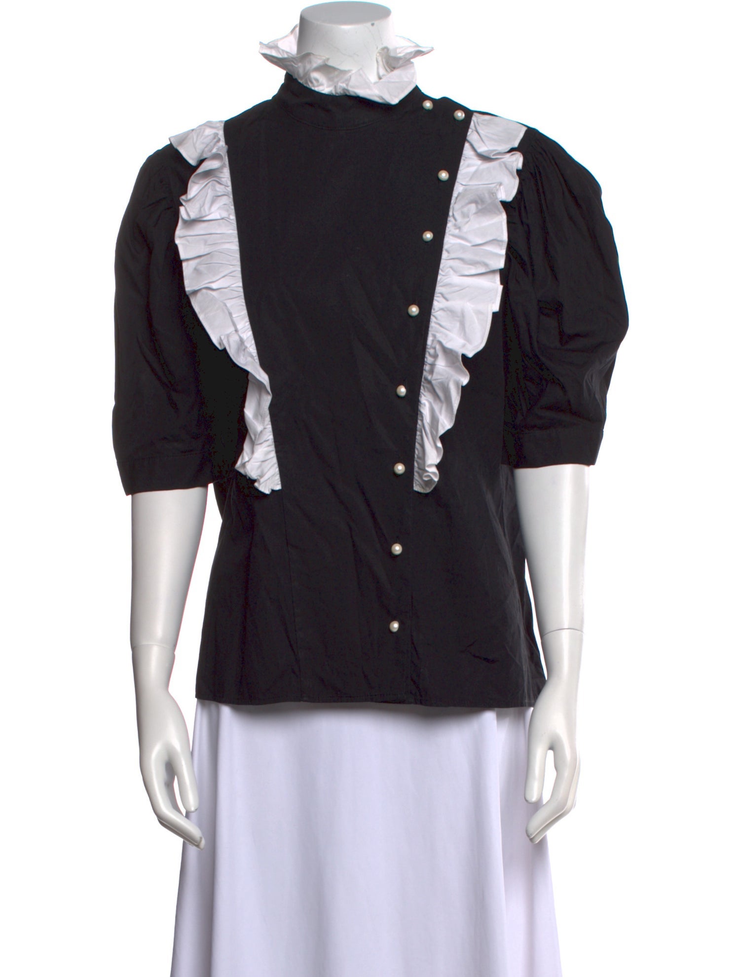 Batsheva Mock Neck Three-Quarter Sleeve Button-Up Top