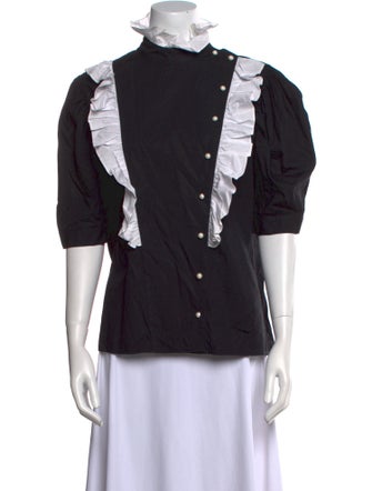 Batsheva Mock Neck Three-Quarter Sleeve Button-Up Top