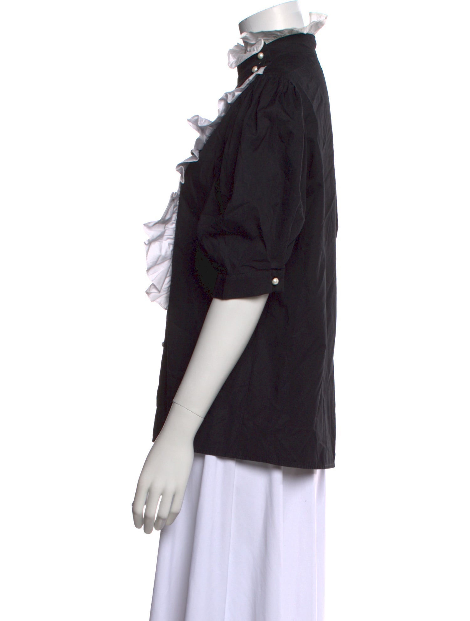 Batsheva Mock Neck Three-Quarter Sleeve Button-Up Top