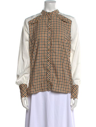 Baum und Pferdgarten Plaid Print Mock Neck Button-Up Top