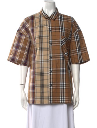 Beams Plaid Print Short Sleeve Button-Up Top
