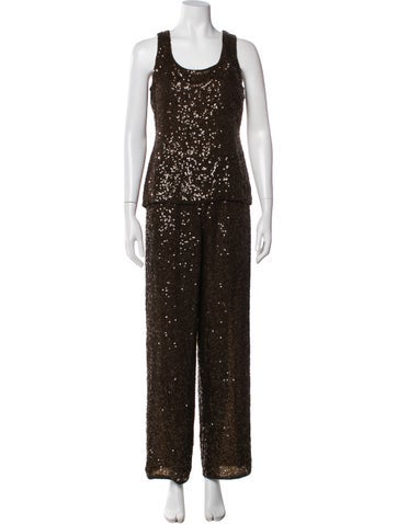 Pre-owned Bill Blass Patterned Sequin Embellishments Pant Set In Brown