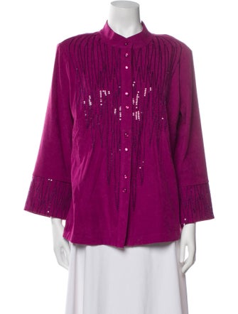 Bob Mackie Wearable Art Mock Neck Long Sleeve Button-Up Top