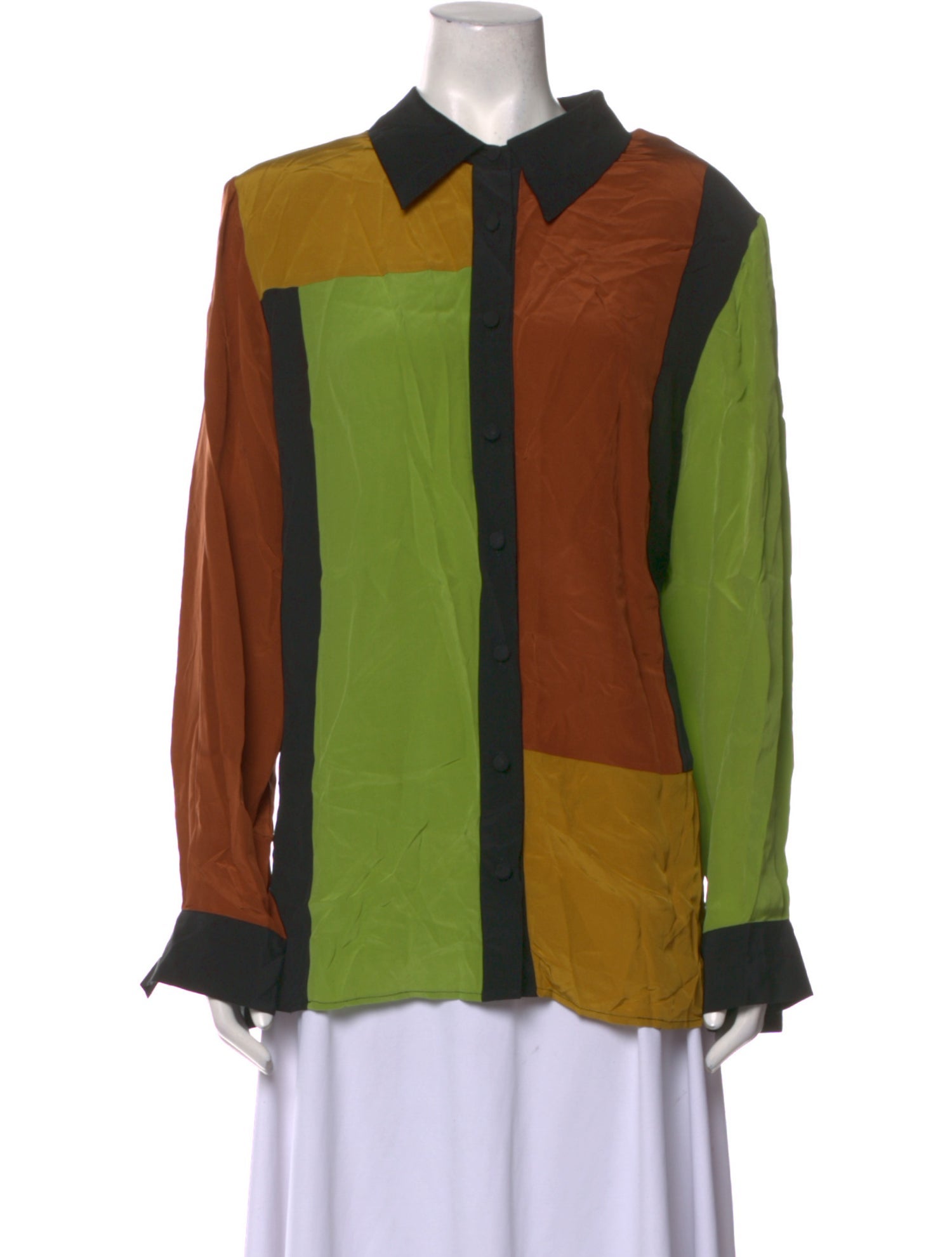 Bob Mackie Wearable Art Silk Colorblock Pattern Button-Up Top
