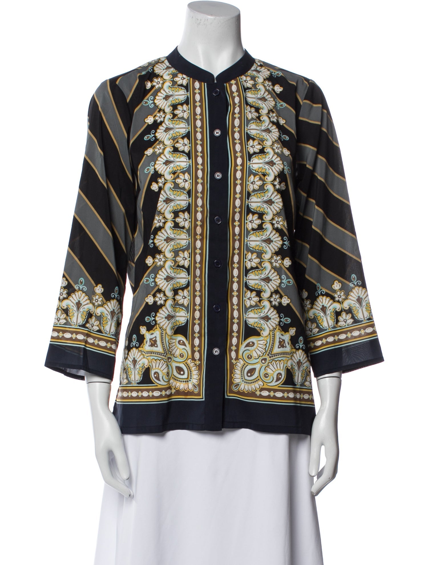 Bob Mackie Wearable Art Printed Mock Neck Button-Up Top