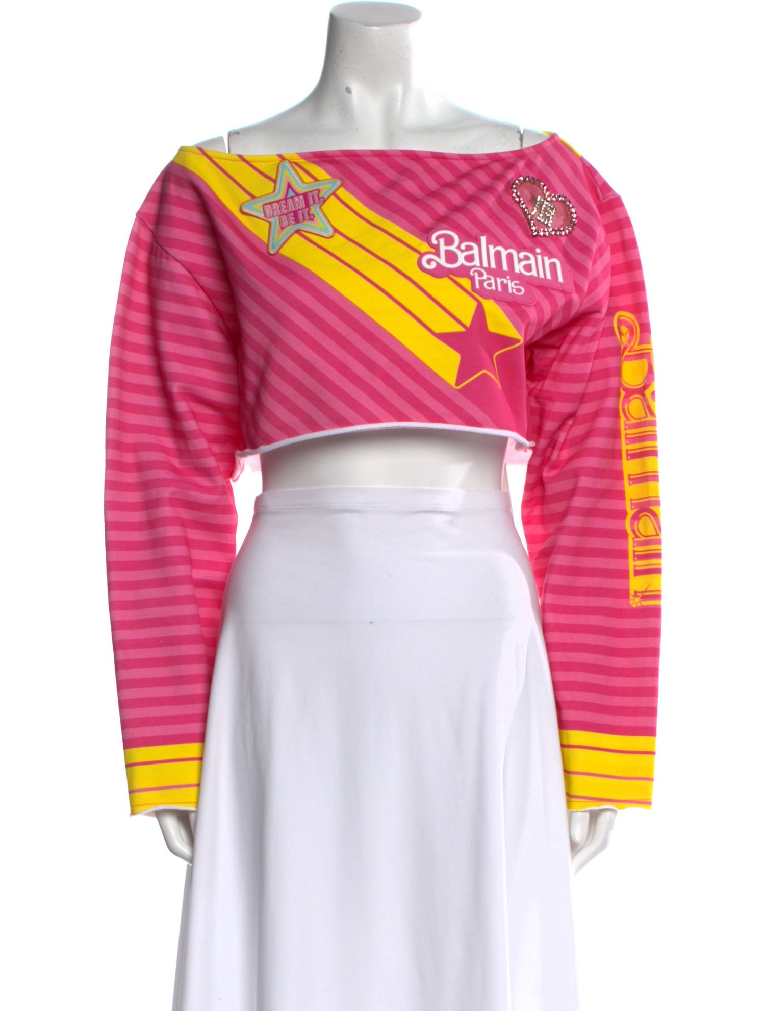 Balmain x Barbie Graphic Print Bateau Neckline Crop Top