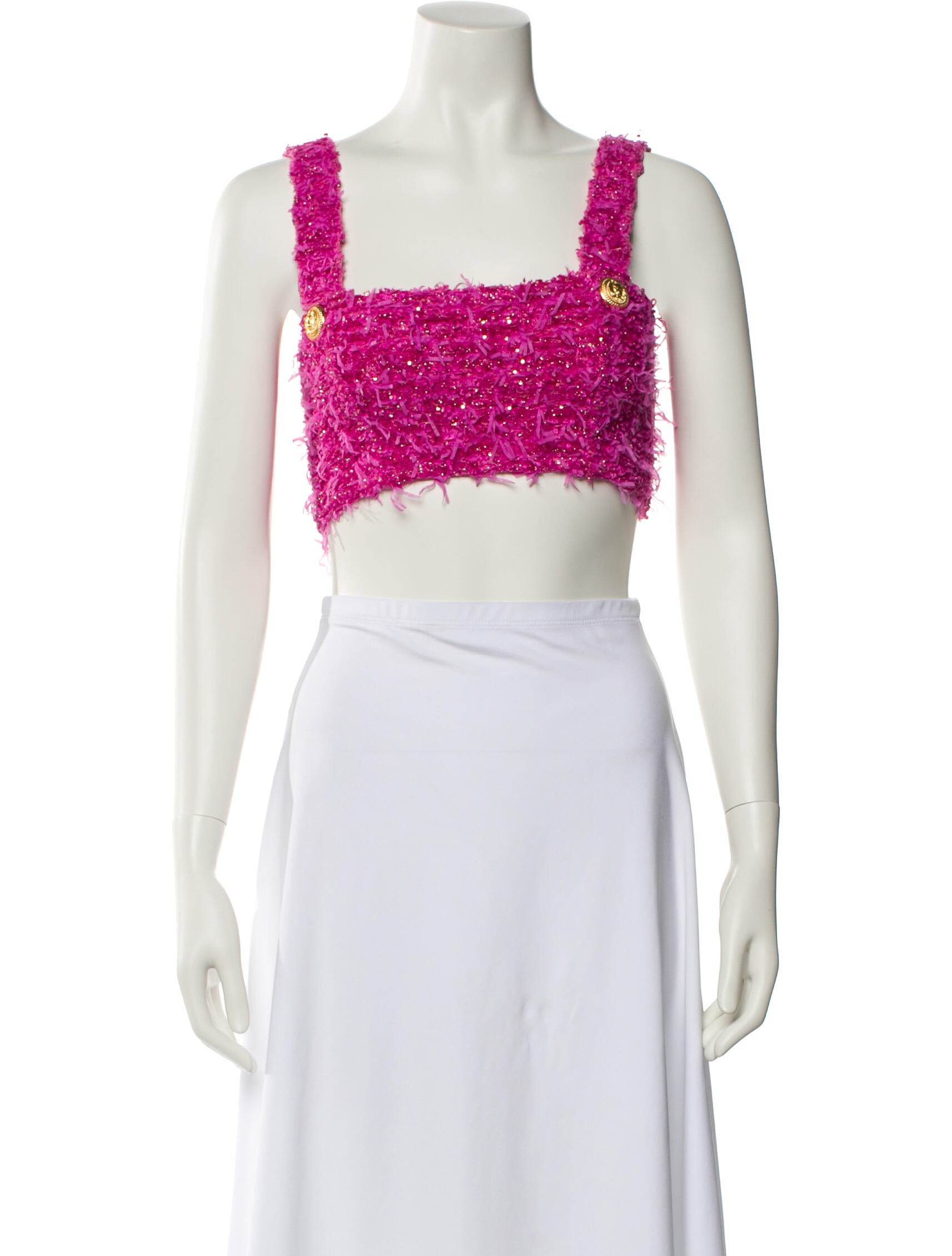 Balmain x Barbie Floral Print Square Neckline Crop Top