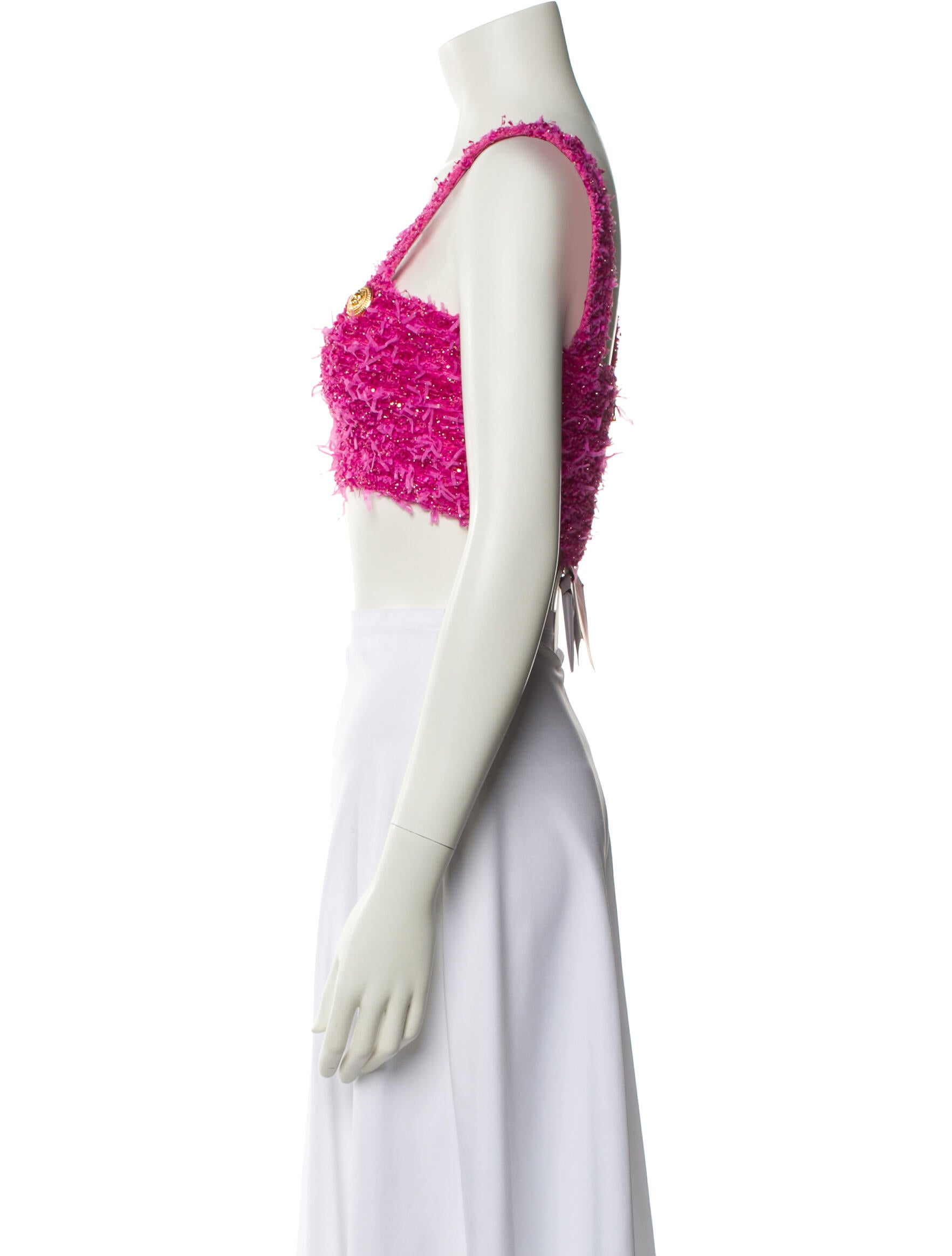 Balmain x Barbie Floral Print Square Neckline Crop Top