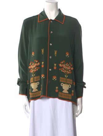 BODE Silk Floral Print Button-Up Top