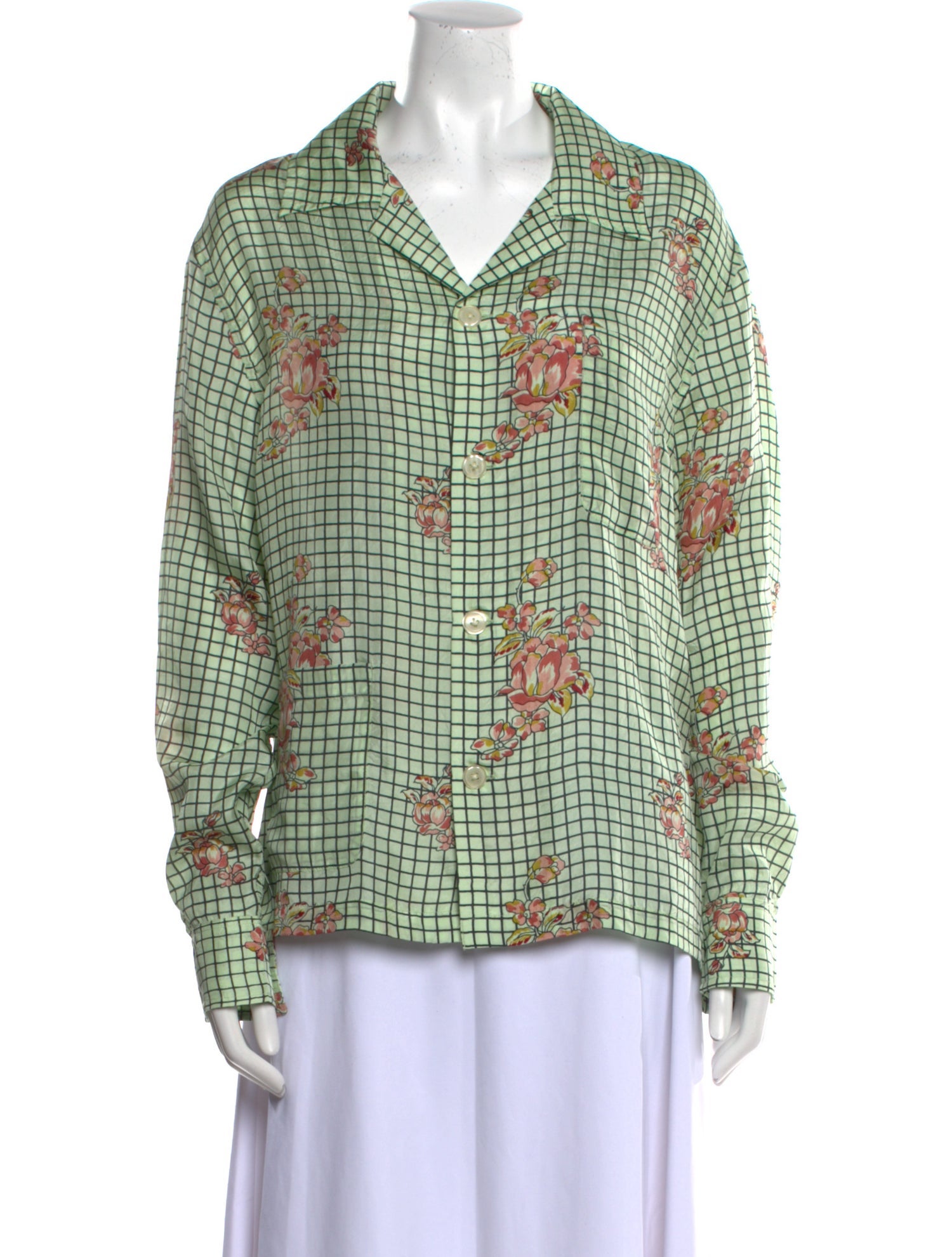 BODE Silk Plaid Print Button-Up Top