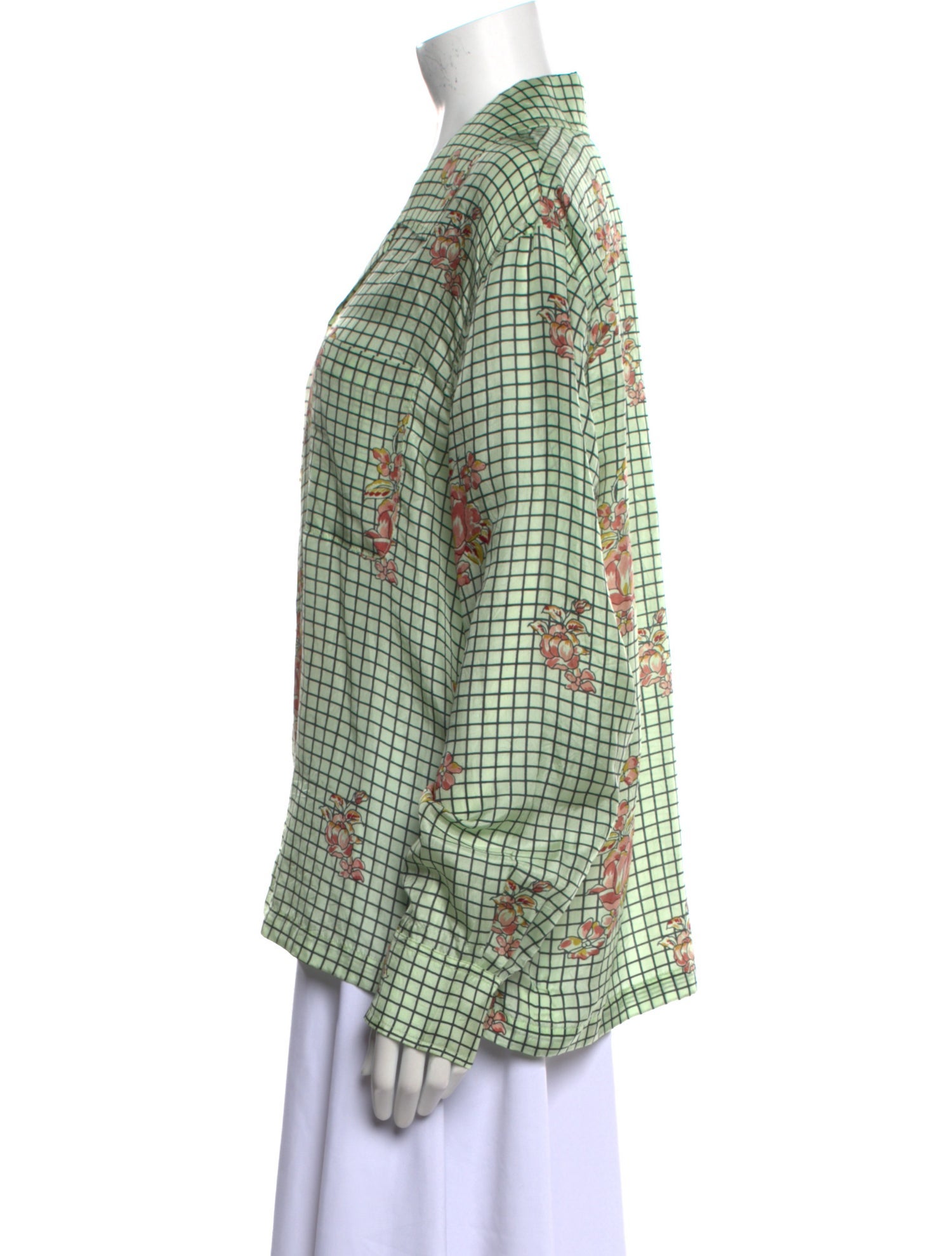 BODE Silk Plaid Print Button-Up Top