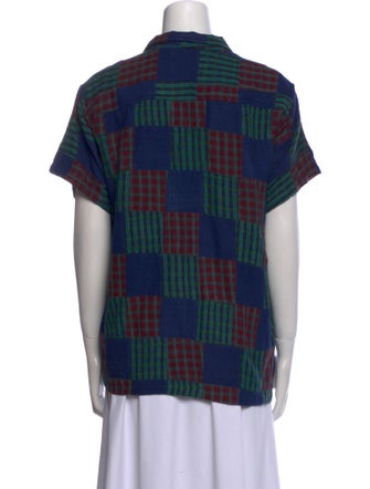 BODE Plaid Print Short Sleeve Button-Up Top