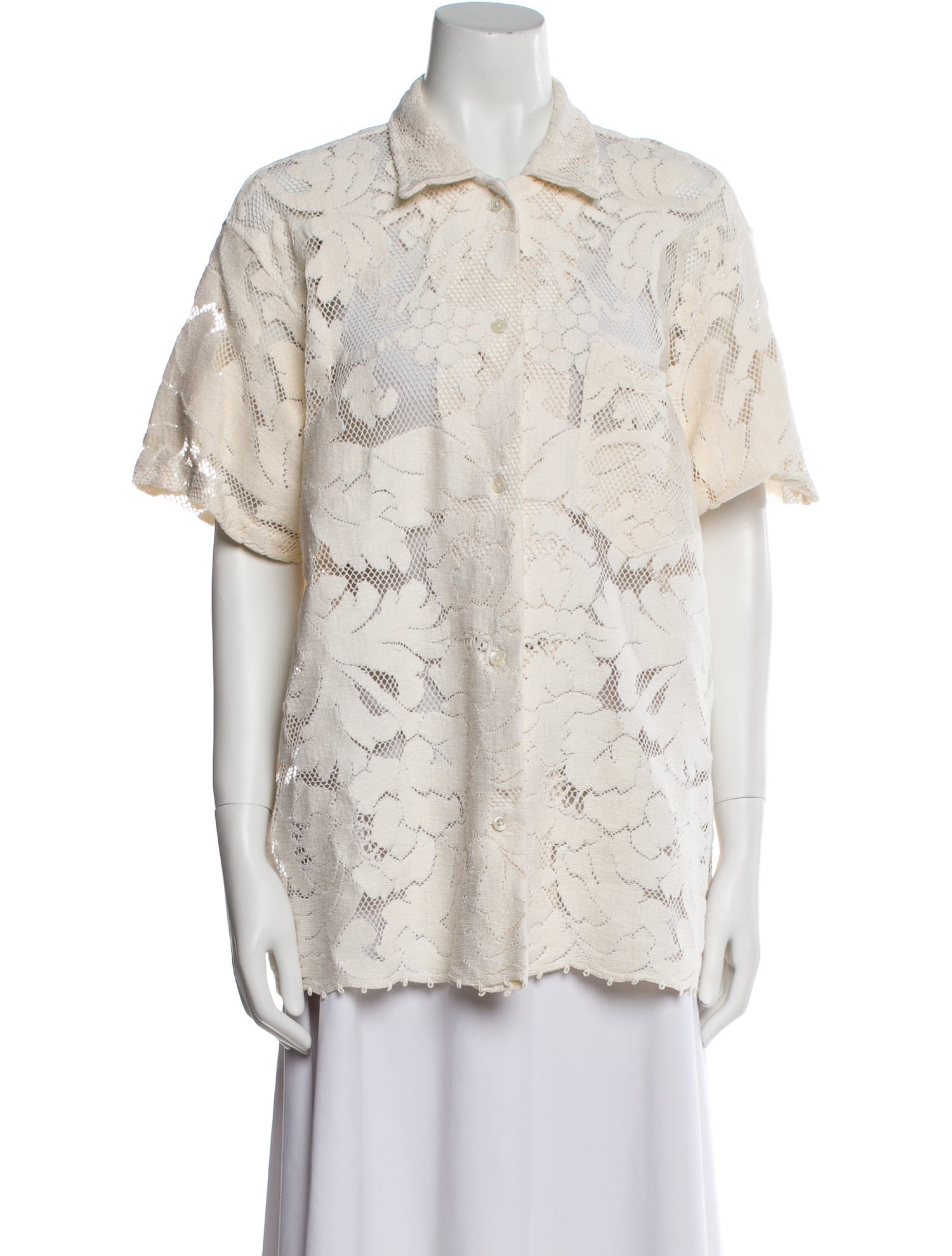 BODE Lace Pattern Short Sleeve Button-Up Top