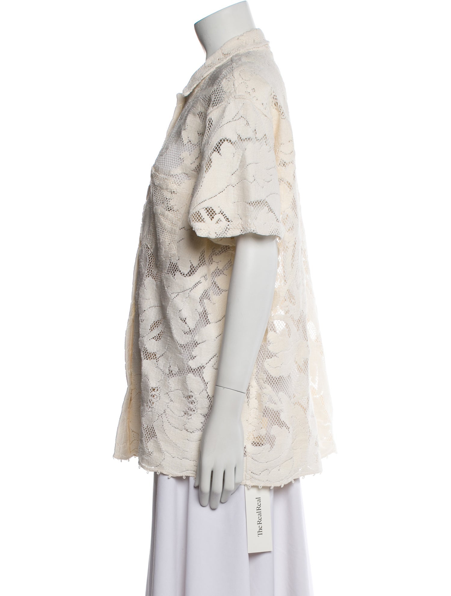 BODE Lace Pattern Short Sleeve Button-Up Top