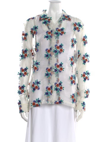 Pre-owned Bode Silk Floral Print Blouse In White