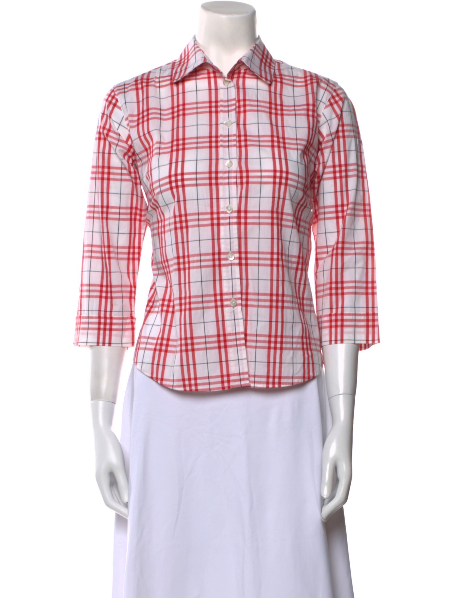 Burberry Golf Plaid Print Three-Quarter Sleeve Button-Up Top
