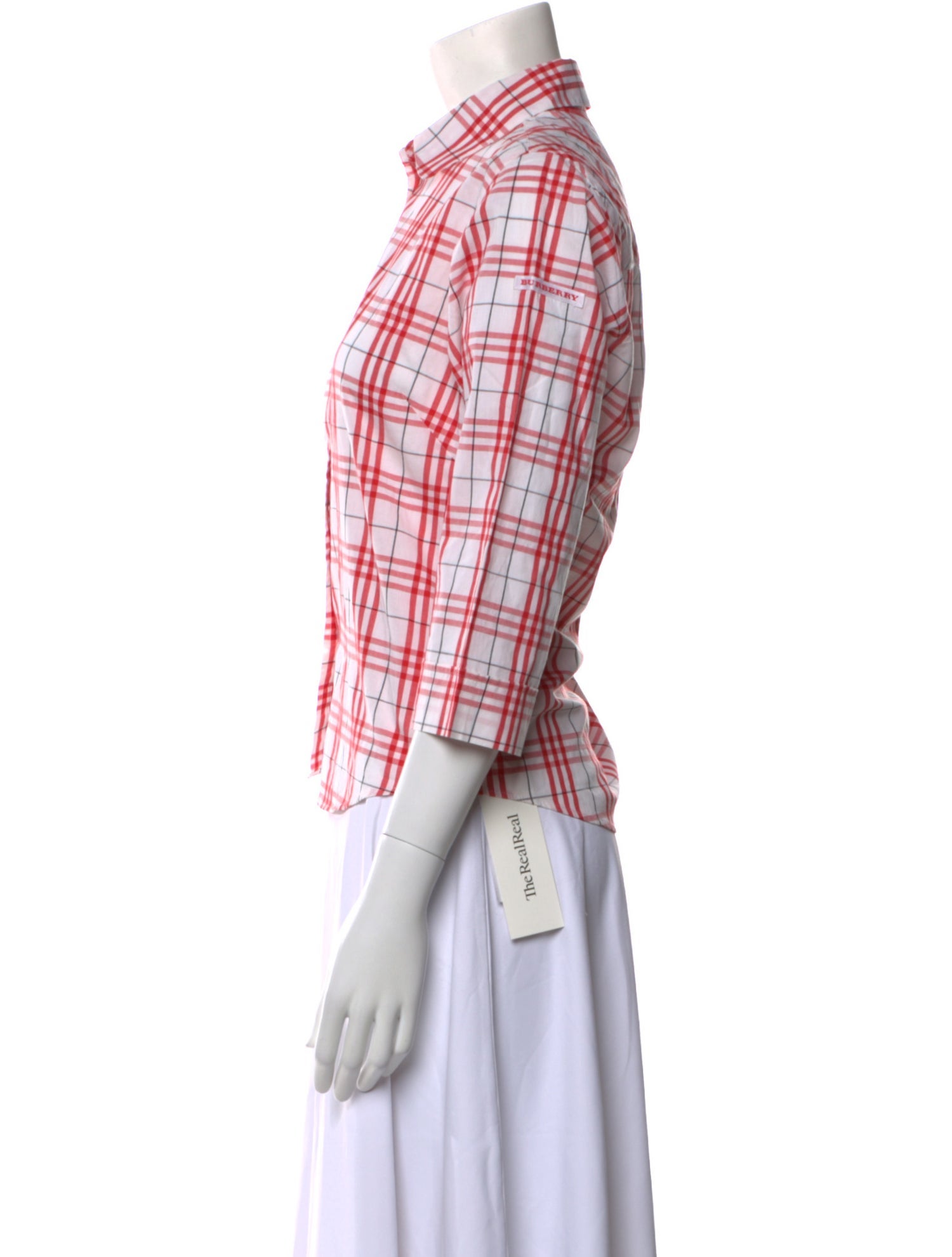 Burberry Golf Plaid Print Three-Quarter Sleeve Button-Up Top