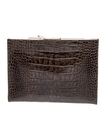 Pre-owned Abas Embossed Leather Clutch In Brown
