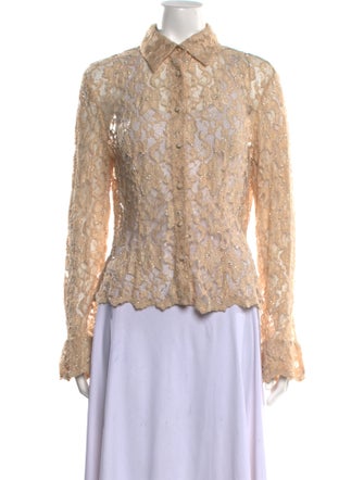 Basix Nylon Lace Pattern Button-Up Top